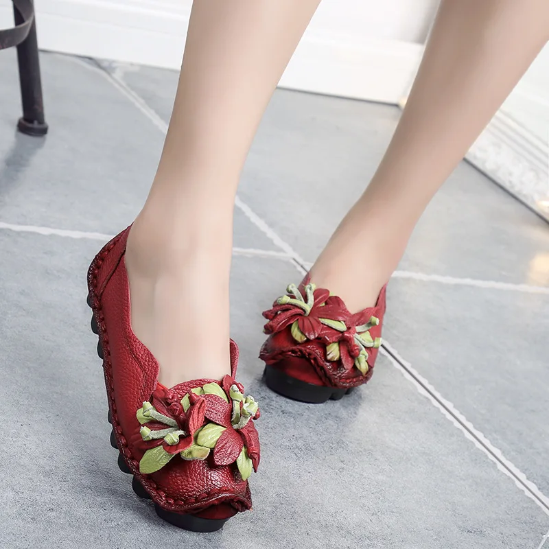 High Quality Spring National Style Genuine Leather Handmade Flower Women's Shoes Lady Soft Bottom Casual Flat Shoes Free Shippin