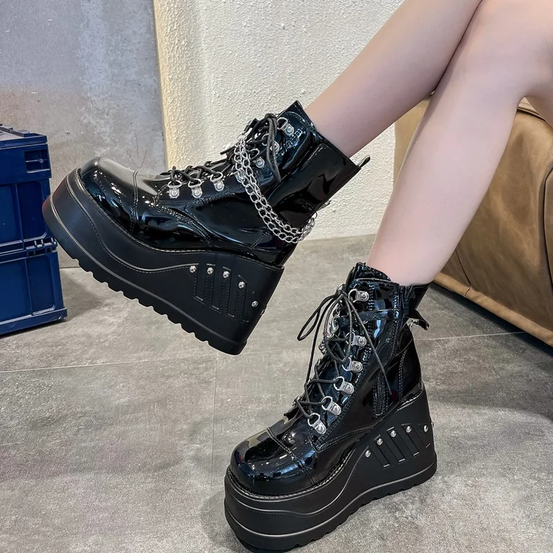 

High Quality Ladies Shoes 2023 Autumn New Women's Boots Punk Ankle Boots Platform Wedges Pumps Metal Chain Design Female Shoes