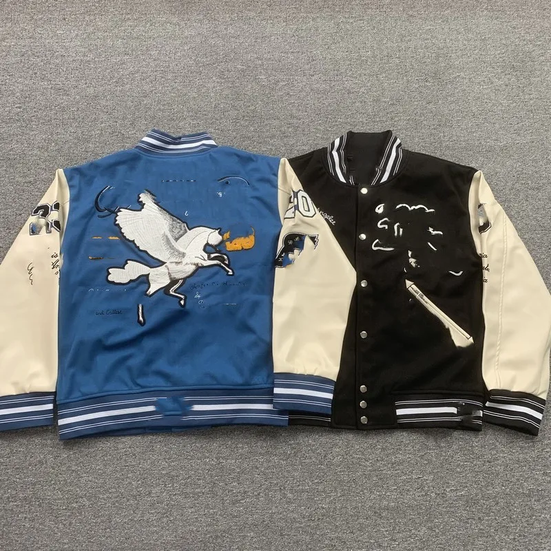 

Logan flying white horse letter embroidered logo leather uniform Varsity Jacket luxe wool blend high street baseball jacket coat