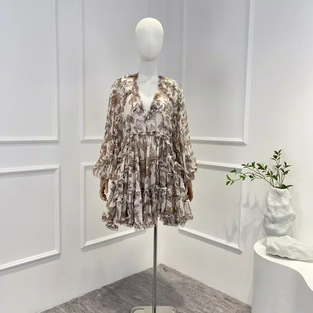 

2023 Latest Collection Floral Print High Quality Vintage Lantern Sleeve Multi-color Folds V-neck Woman Mini Dress for Holiday