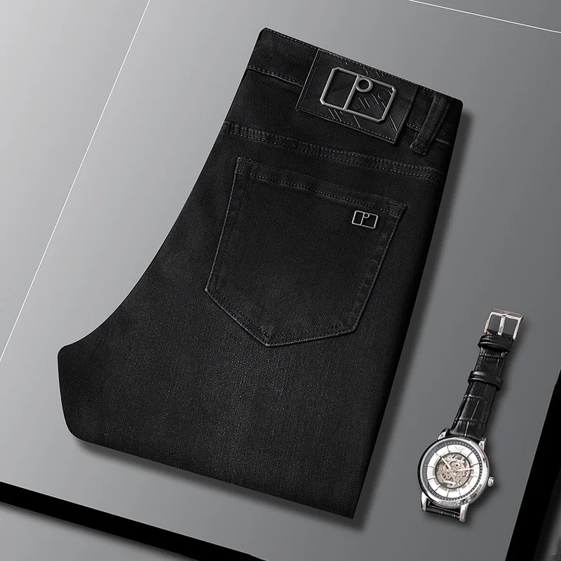 Black Gray Jeans Men's Thick Autumn 2024 New Denim Clothing Casual Stretch Slim High-End Fashion Brand Trousers 3