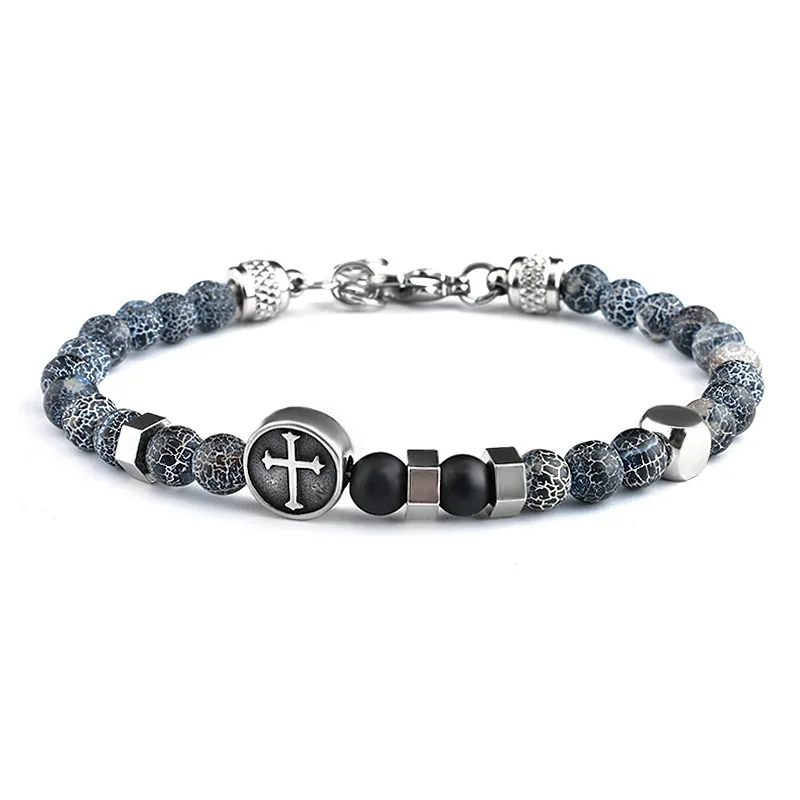 Stainless Steel Cross Bracelet for Men with Natural Map Sodalite Stone
