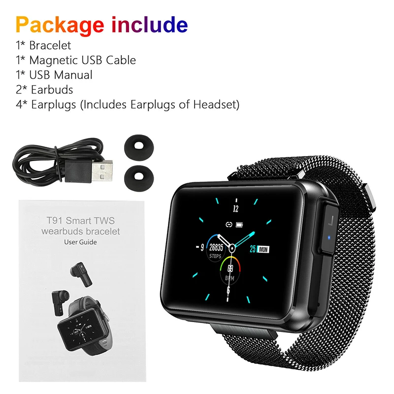 T91 Smart Watch Men TWS Wireless Bluetooth Headset 2020 1.4 Inch Big DIY Screen Bluetooth Call Weather Smartwatch