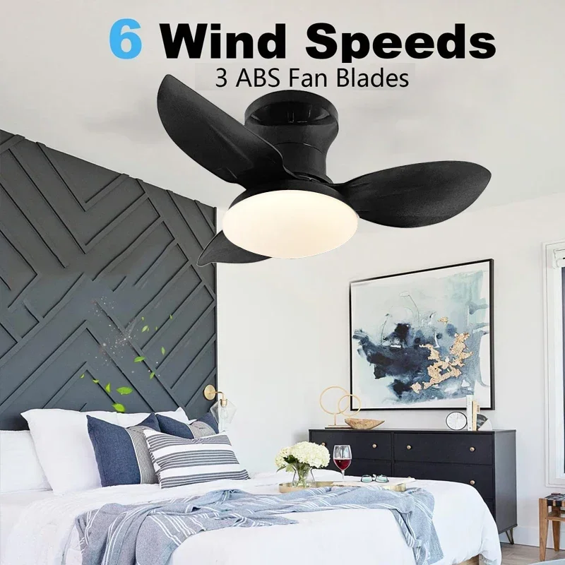 Low Floor Remote Control Bedroom LED Ceiling Fan with Remote Control Light 6-speed Wind 3-blade Adjustable Indoor Ceiling Fan