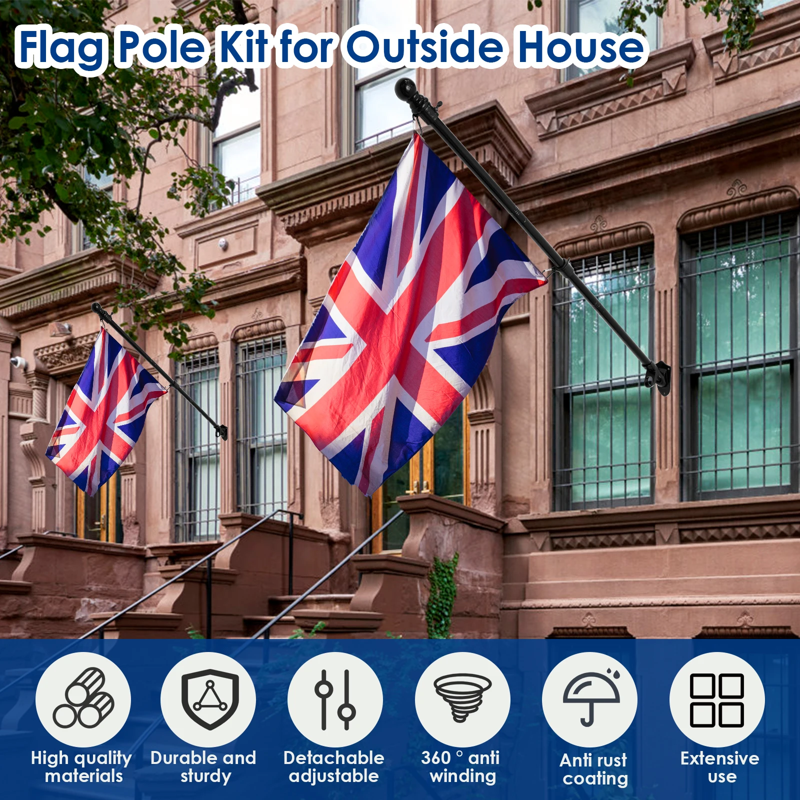 5/8.5Ft Adjustable Flag Pole Kit Stainless Steel Wall-Mounted Stand Flagpole Yard Banner Holder for Top House Porch Residential