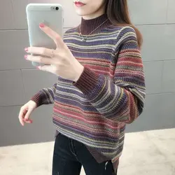 Women Autumn Winter Korean New Half High Neck Pullover Sweater Loose Lazy Striped Warm Knitted Shirt Versatile Long Sleeve Tops