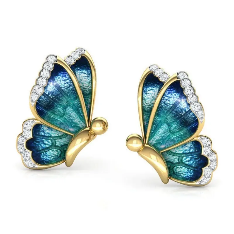 Fashion Alloy Oil Painted Butterfly Earrings for Women Vintage Rhinestone Zircon Insect Earrings Jewelry Çelik Küpe Toptan