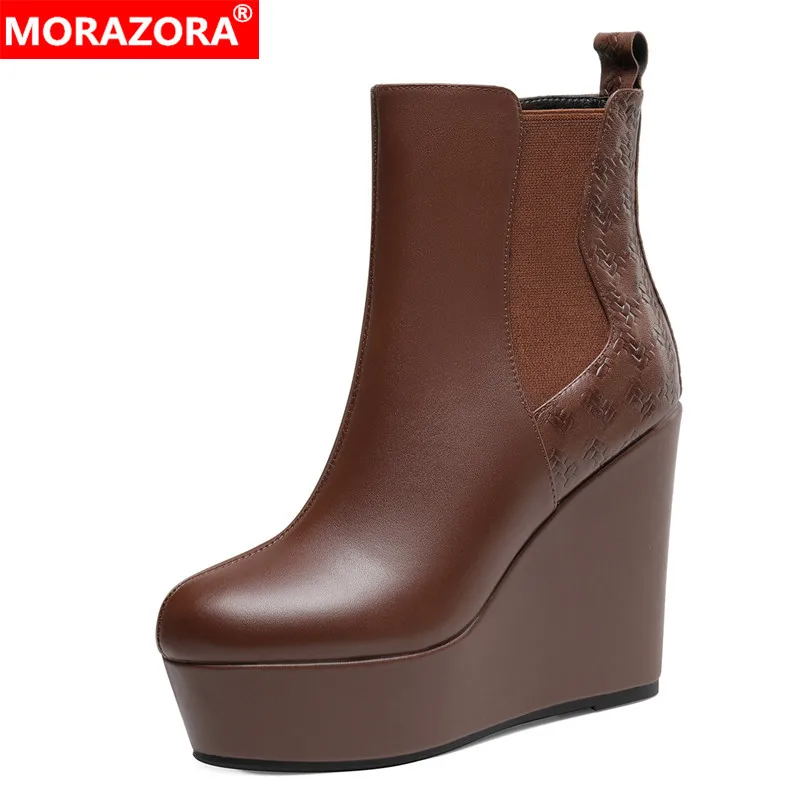 

MORAZORA 2024 New Genuine Leather Boots Women Wedges High Heels Autumn Winter Ankle Boots Ladies Fashion Platform Shoes