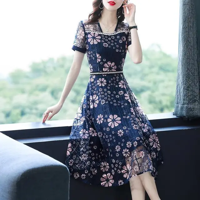 Office Lady Fashion Floral Printed Midi Dress Elegant Square Collar Spliced Summer Casual Waist A Line