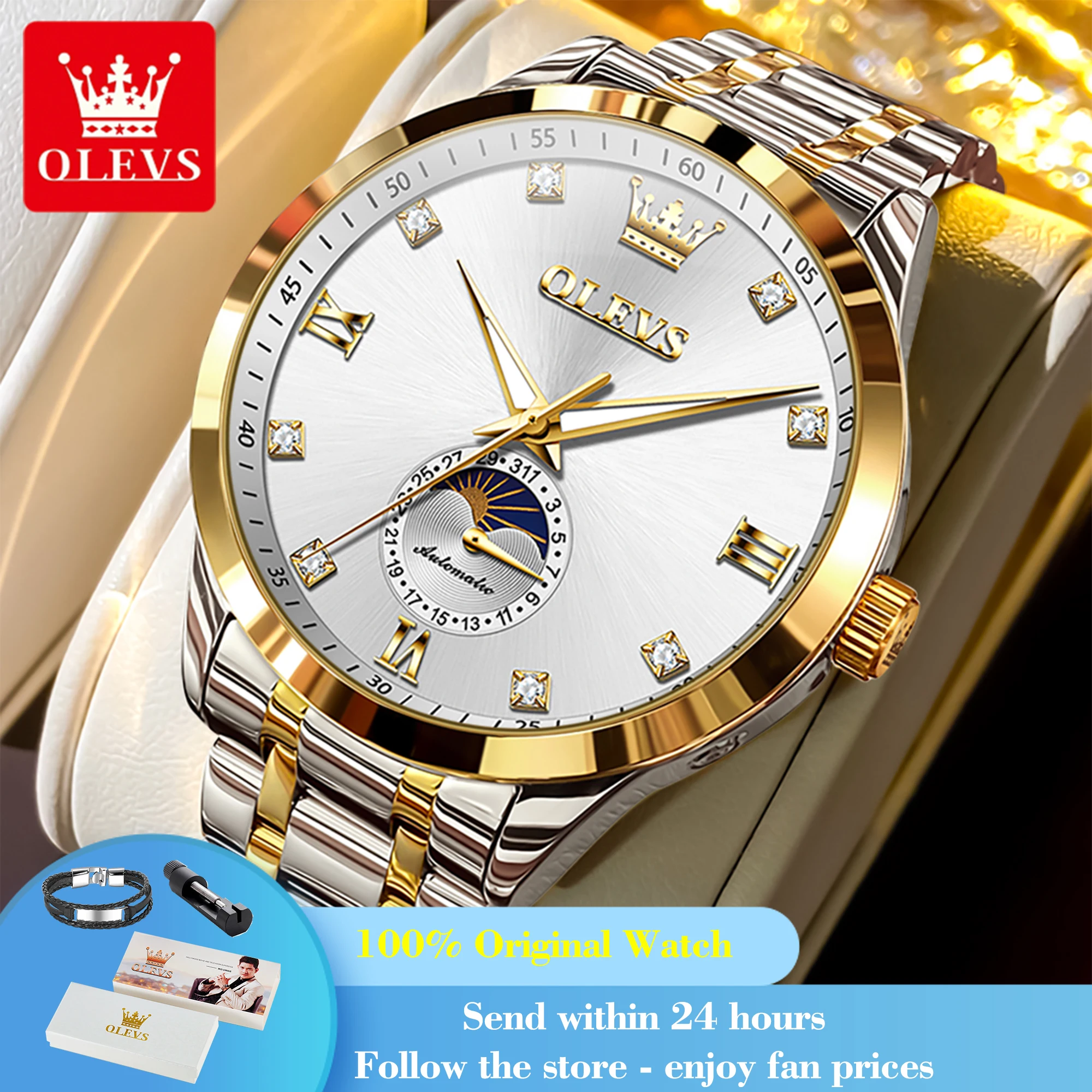 OLEVS 7041 Automatic Watch For Men Luxury Stainless Steel Mechanical Business Wristwatch Moon Phase Date Waterproof Man Watches