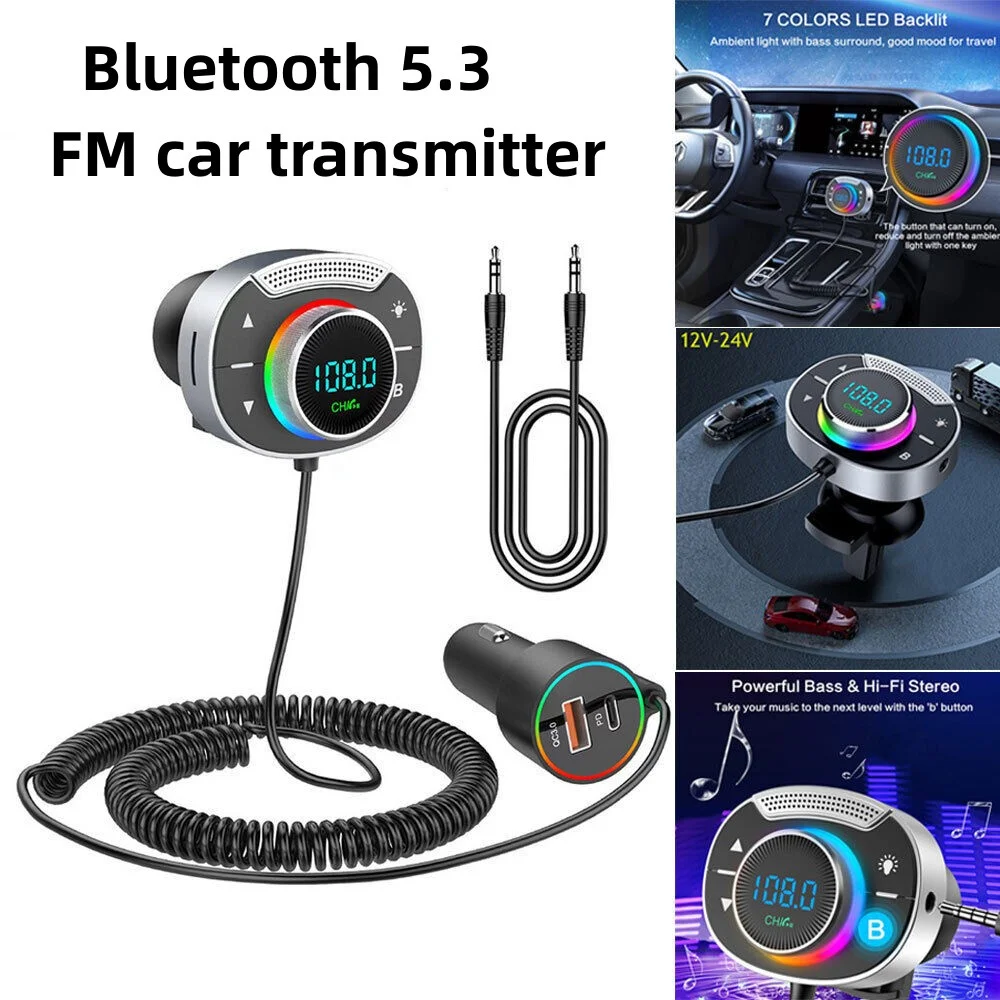 

Bluetooth 5.3 FM Car Transmitter 3.5mm AUX Adapter MP3 Player PD 30W QC 3.0 Fast Charger Hi-Fi Music Adapter Hands-Free Call TF