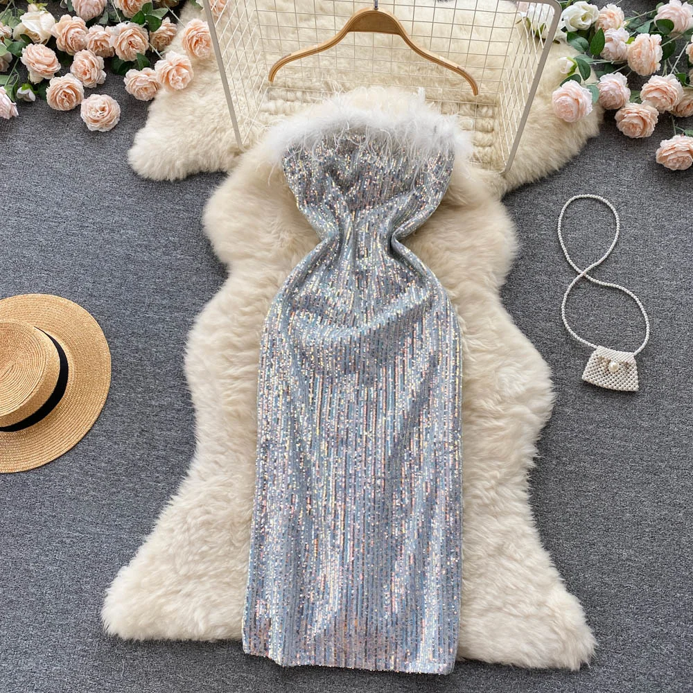 

Sequined Sexy Women Party Mid-Calf Dress Sleeveless Fur Feather Patchwork Slim Summer Strapless Dress Vestidos