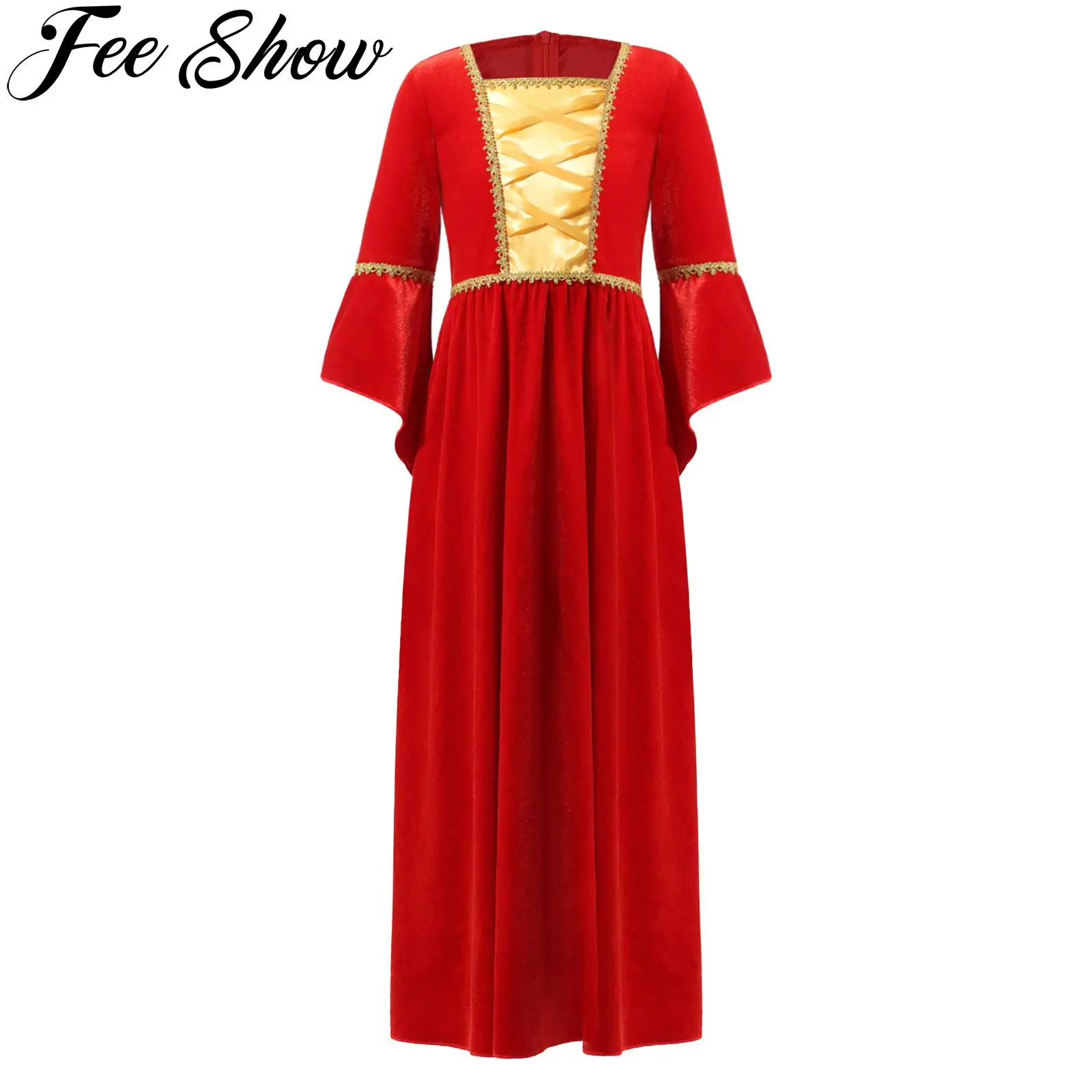 

Kids Medieval Princess Girls Costume Long Flared Sleeve High Waist Long Dress Halloween Carnival Cosplay Party Dress Up Clothes