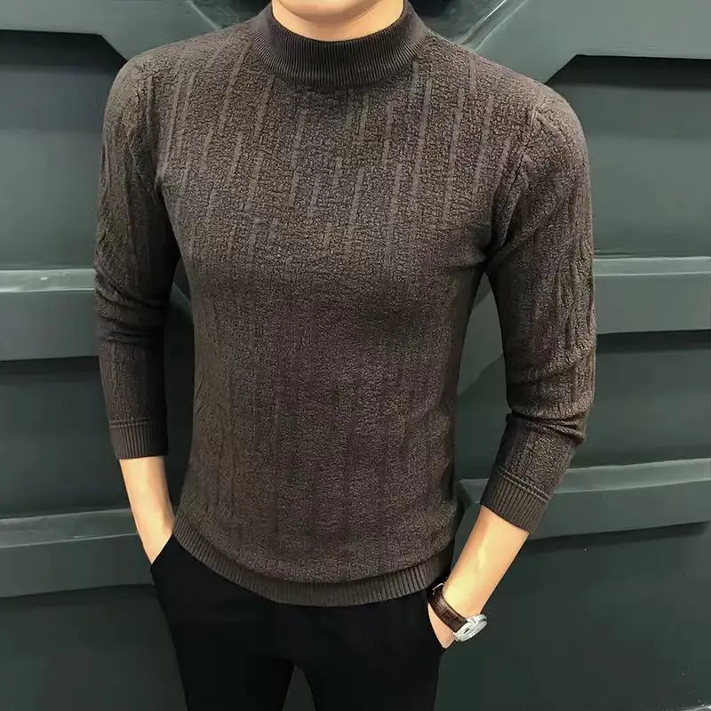 Autumn Winter Half High Collar Screw Thread Men's Clothing Solid Color Pullover Sweater Knitted Casual Fashion Preppy Style Tops 3
