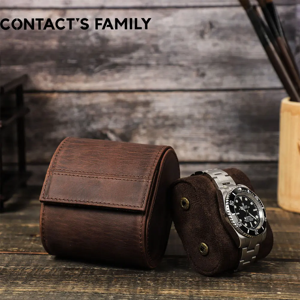 CONTACT'S FAMILY Genuine Leather Vintage Handmade Watch Roll Travel Storage Organizer Display Watch Free Engraving Name Gift