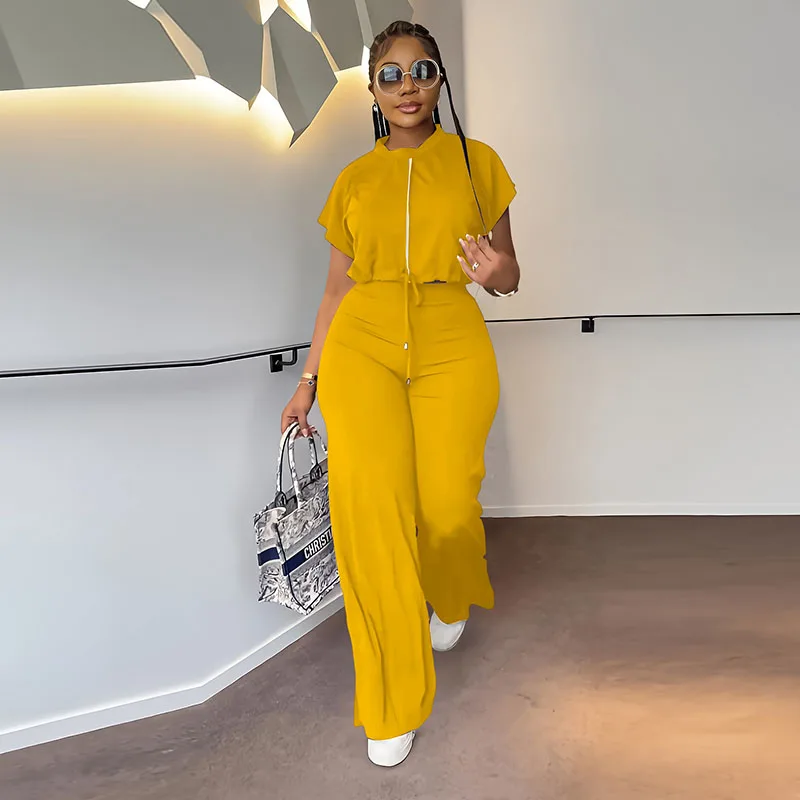 

African Women Solid Pants Sets Summer Drawstring Short Tops High Waist Pant Suit Office Lady Elegant 2 Piece Set Africa Clothing
