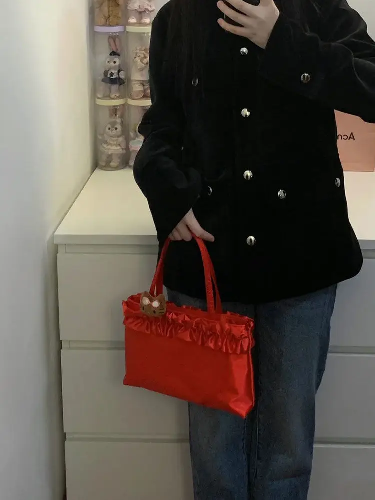 French Red  Ruched Lace Underarm Bag Large Capacity Handbag Tote Bags Women Commute Shoulder Bag