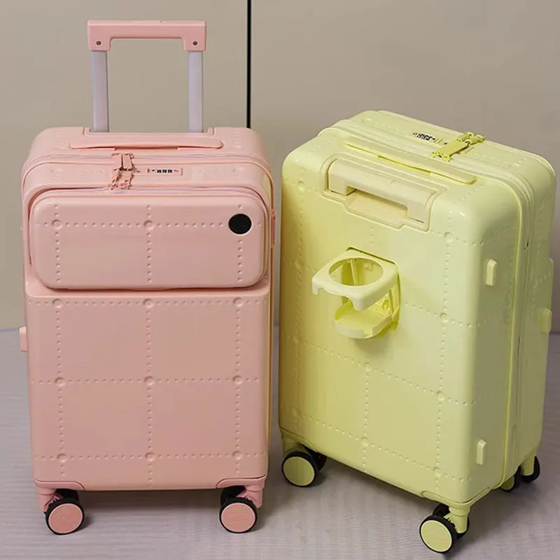 

Многофункциональная Передняя открытая сумка для багажа, USB Подставка для чашки, чемодан с высокой шкалой для женщин, сумка на колесиках для путешествий с паролем