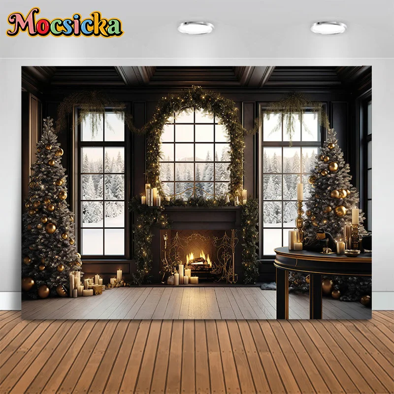 

Mocsicka Xmas Photography Background Christmas Tree Fireplace Window View Forest Birthday Kids Artistic Photo Banner Studio