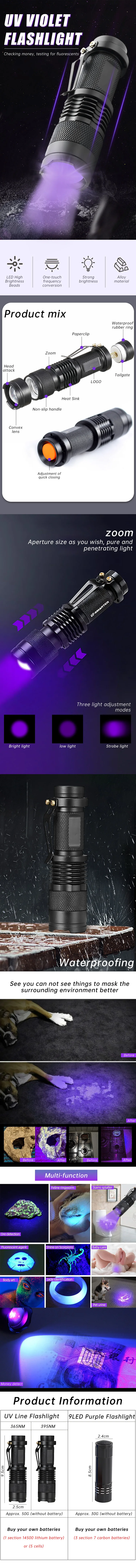 Description Picture 2 of itemUV Flashlight LED Ultraviolet Torch Inspection Lamp for Banknote Portable Ultra Violet Lights Pet Urine Stain Detector Tools
