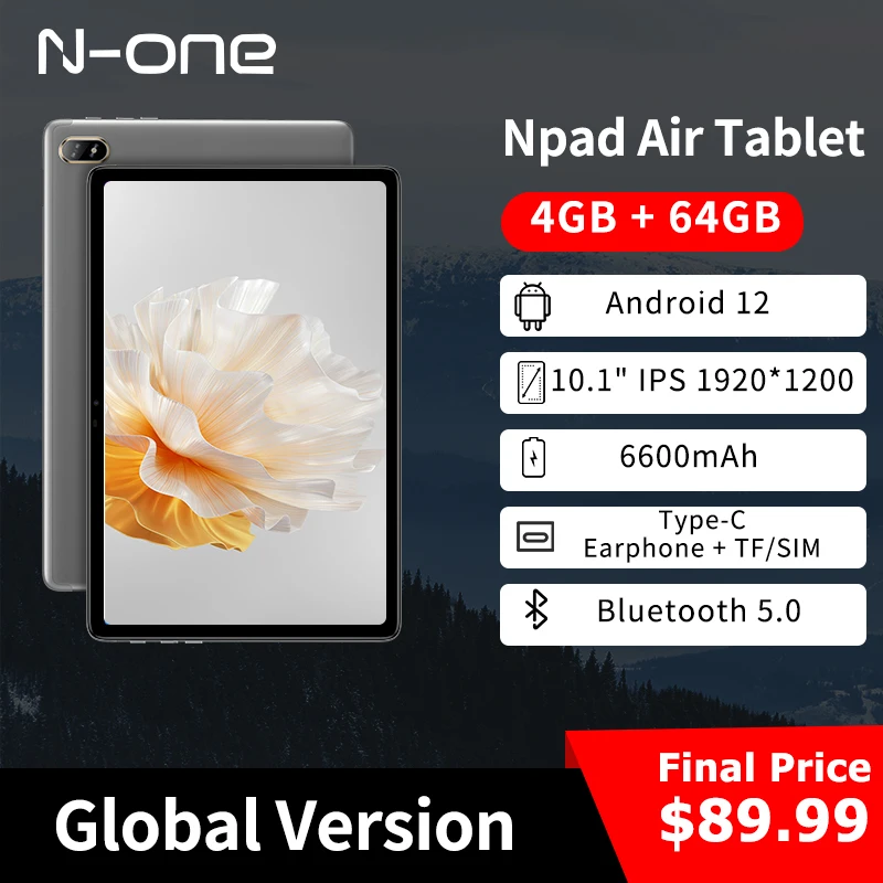 N-one NPad Air 2023 Tablet PC 10.1'' 1920x1200 FHD IPS 4G Network Type-C 4GB RAM 64GB ROM UNISOC T310 Android 12 Dual Wifi