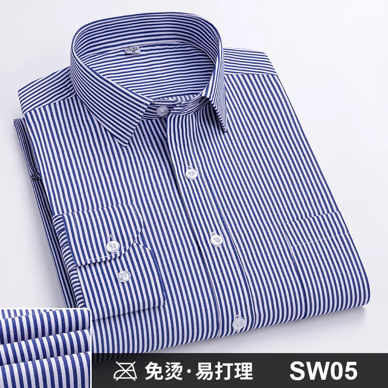 Men Formal Shirt Long Sleeve Office Solid Color Striped Anti-Wrinkle Non-ironing Fashion Business Pocket White Social Shirt 4XL