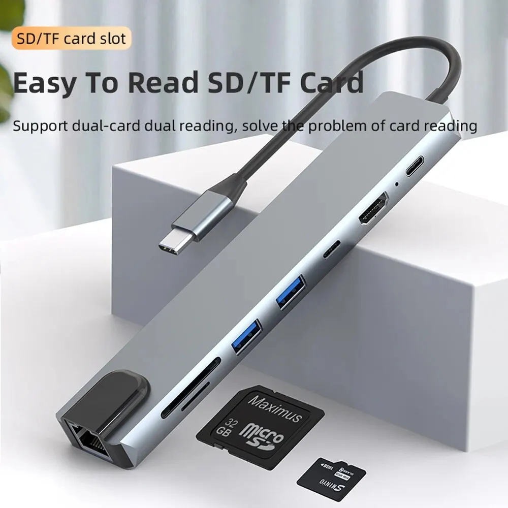 Laptop Docking Station 8 in 1 USB C Hub HDMI 100Mbps 65W PD 2 USB SD Card Reader USB C Dock Dual Monitor 4K@30Hz type c docking station docking station usb hub adapter usb hub converter