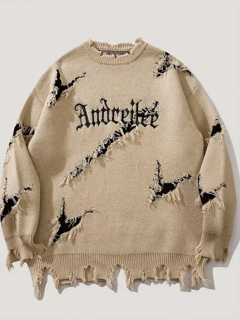 American style, dark style, trendy, perforated, letter jacquard, contrasting color, personalized, street loose, unisex sweater 3