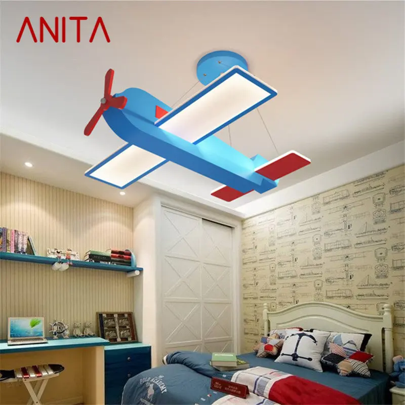 

ANITA Children's Airplane Pendant Lamp LED Creative Blue Cartoon For Kids Room Kindergarten Light Bimmable With Remote Control