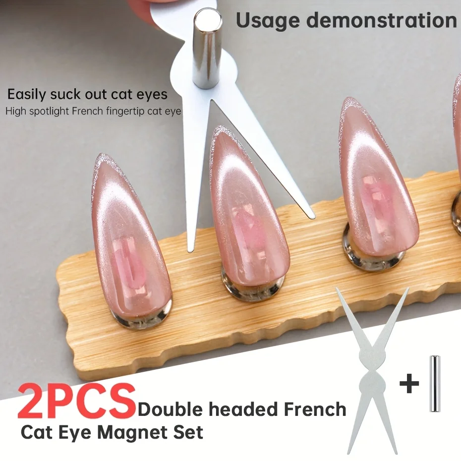 2pcs Double Headed French Cat Eye Magnet Set - Magnetic Nail Art Tool with Black & White Kitten Magnets for Gel Polish Manicure