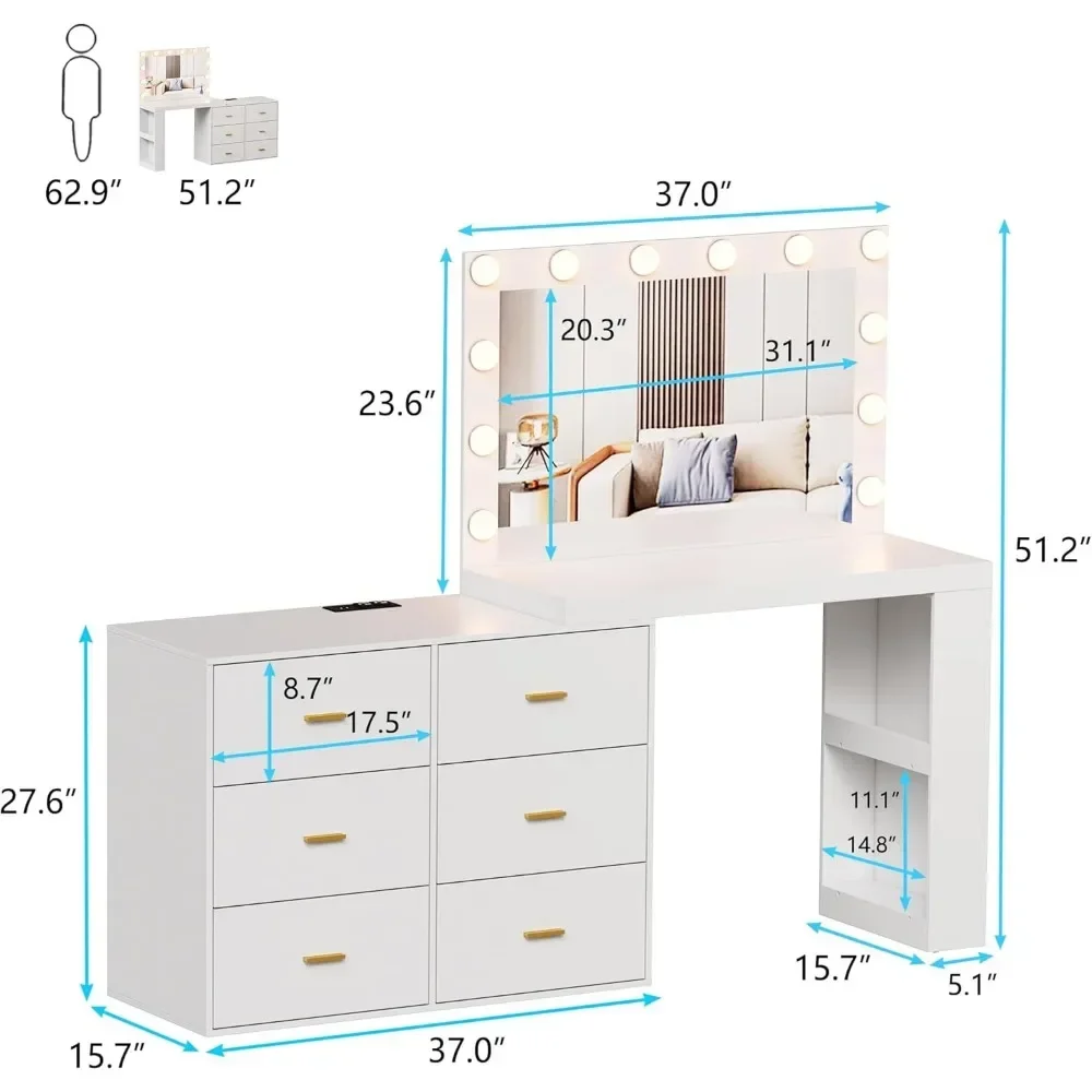 Makeup and Dressing Table with Mirror and 3-color Light, Charging Station, 6 Drawers, 2 Storage Racks, White Dressing Table 2