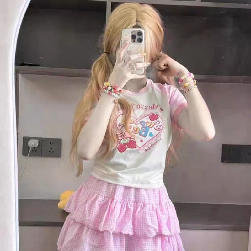 HOUZHOU White Kawaii Letter Graphic T-Shirts Women Y2k Cutecore Lace Short Sleeve Cropped Tees Japanese Style Sweet Slim Tops 3