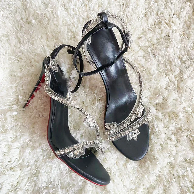 2023 New Sweet Crystal Chain Silver Color 12cm 10cm 8cm Thin High Heels Women Fashion Sandals Shoes