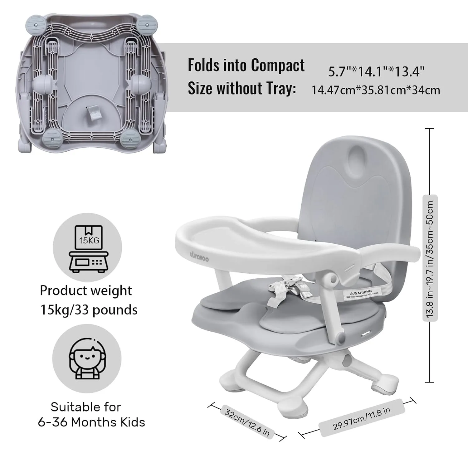 Portable 3-in-1 Foldable Baby Booster Seat with Removable Tray
