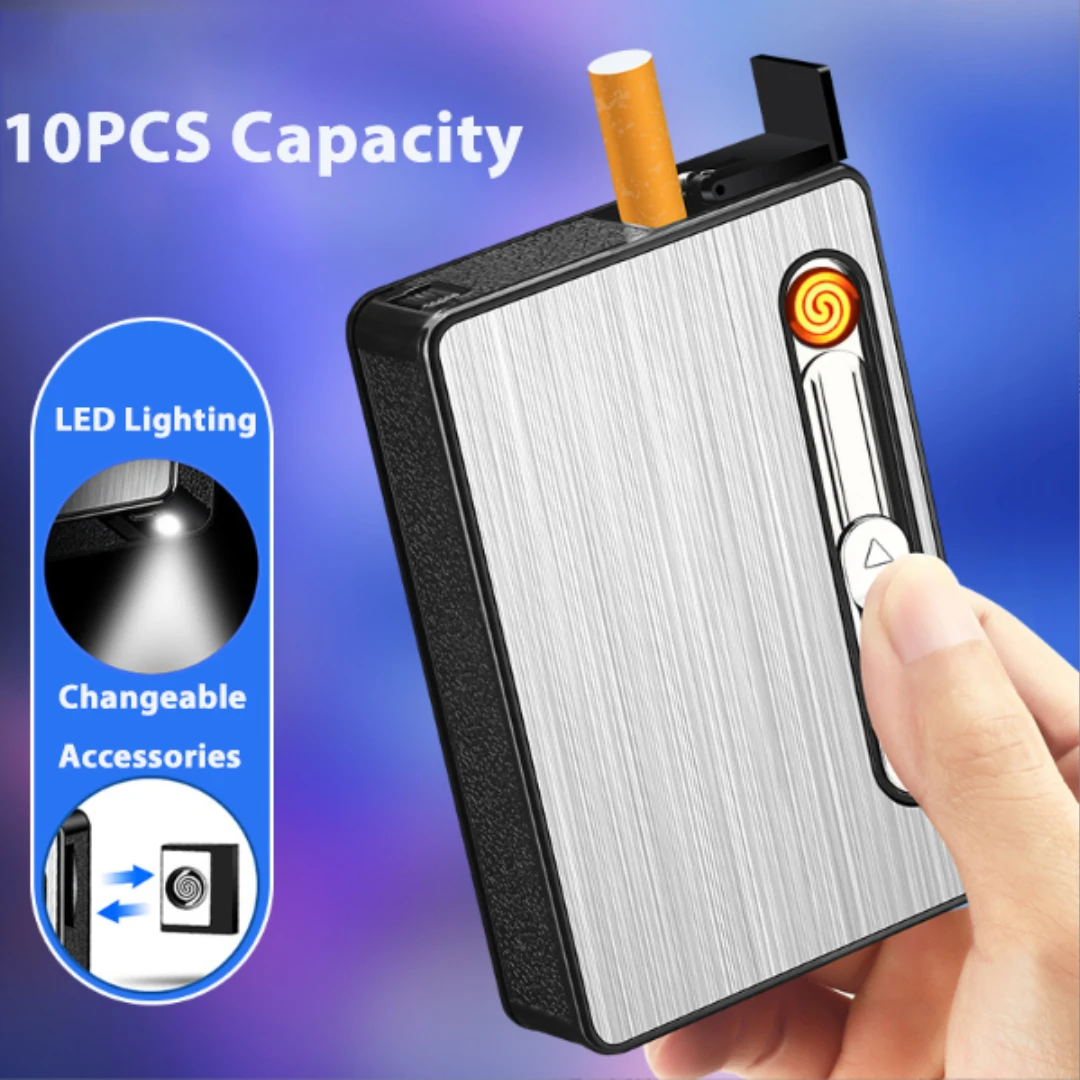 Portable Automatic Cigarette Case with Electronic Lighter and LED Lights, Cigarette Boxes Holder, Gadget for Men, 10Pcs