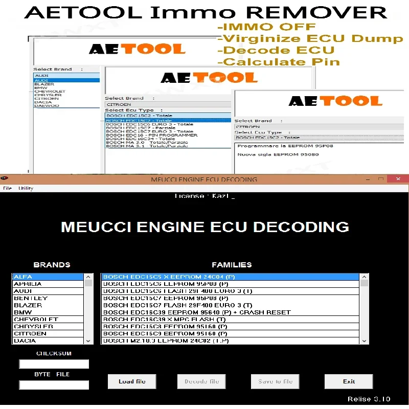 Logiciel Immo Meucci V3.1 + Aetool Immo Remover V1.3 Software Reset Sblocco Rimuovi Spegnimento Codice Immo Ecu Dump Calcola Pin