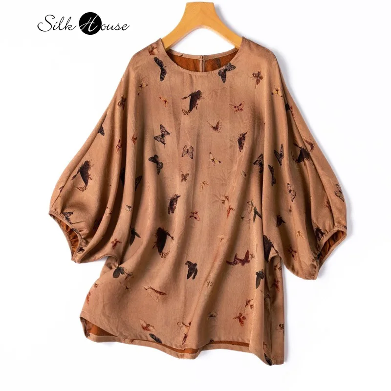 

2024 Women's Fashion Summer New 100% Natural Mulberry Silk Gambiered Guangdong Gauze Round Neck Lantern Sleeve Loose T-shirt