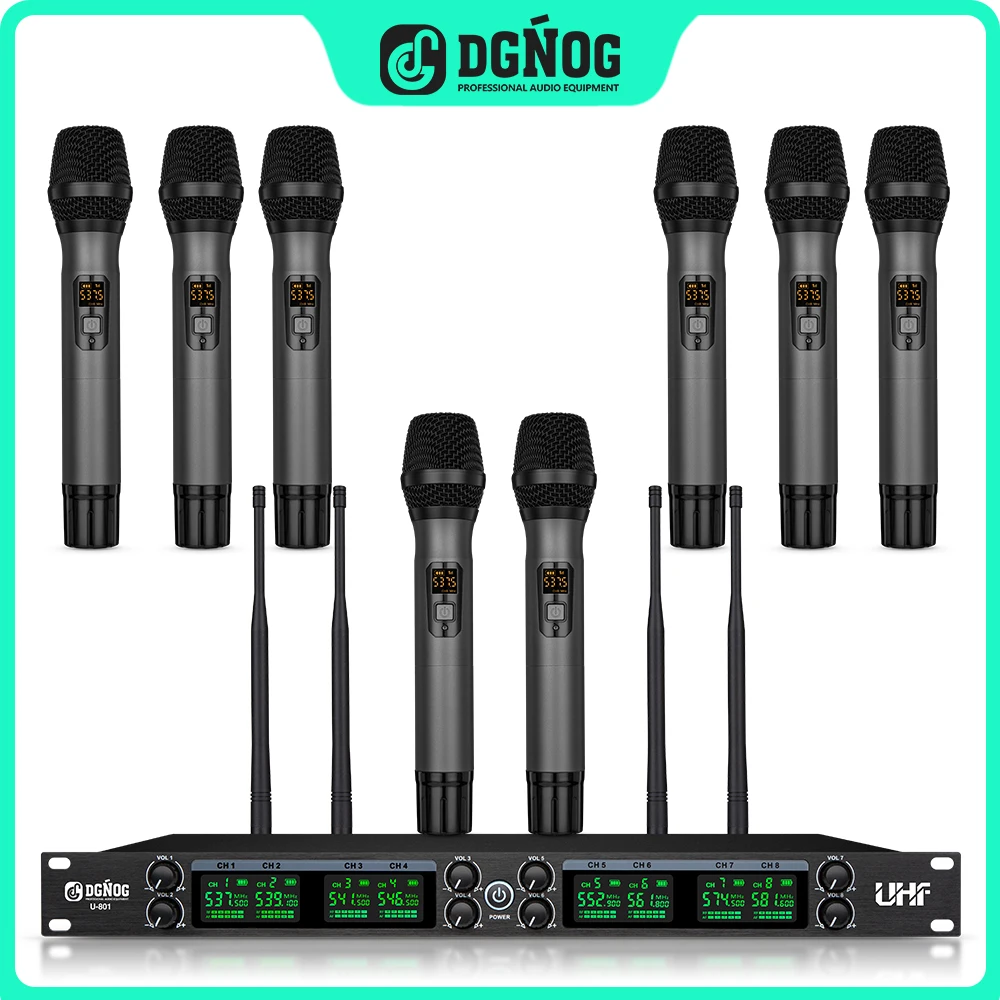 

UHF 8 Channel Professional Wireless Microphone System DGNOG U801 Eight Handheld Dynamic Mic for Stage Performance Church Studio