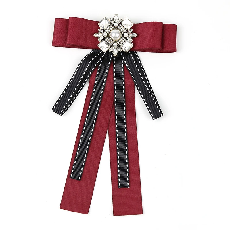 

College Style Bow Tie Pins Long Streamer Ribbon Brooch British Korean Women's Shirt Accessories Rhinestone Pearl Collar Flowers