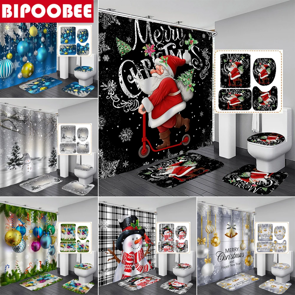 

Рождественский комплект для ванной комнаты с маленьким колокольчиком, шторы для душа с Санта-Клаусом, снеговиком, Мультяшные коврики для ванной, Нескользящие коврики, крышка для туалета