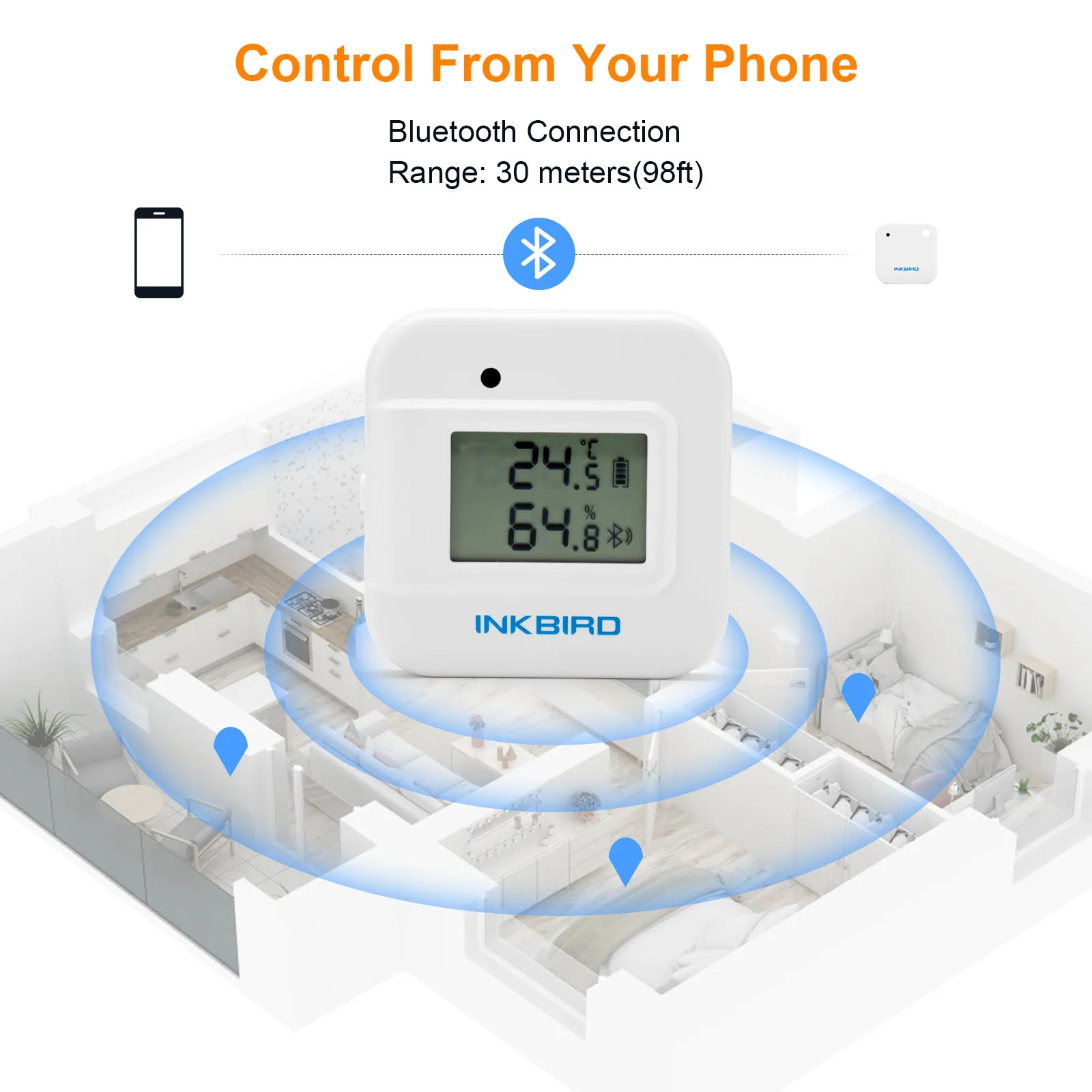 INKBIRD-Medidor de humedad y temperatura, termómetro Digital con Bluetooth, serie IBS-TH2, Sensor inteligente para clima de nevera