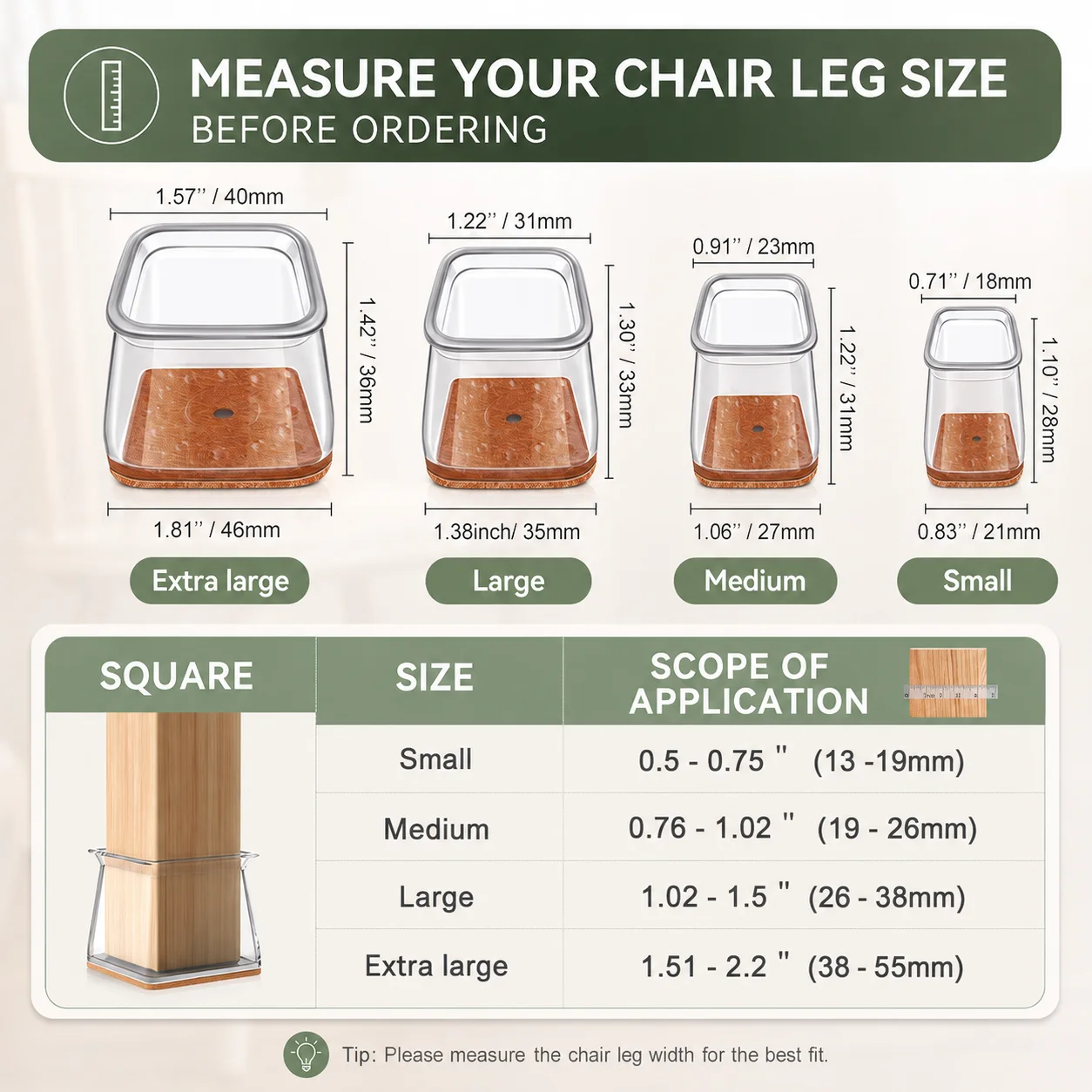 Clear Silicone Felt Floor Protectors – Square Chair Leg Caps (24-Pack) for Scratch-Free Hardwood Floors