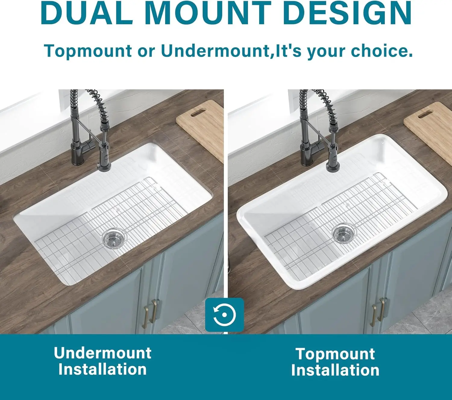 Undermount Kitchen Sink White 32 x 19 Inch,10" High White Kitchen Sink, Top Mount Sink Drop In Single Bowl, Dual Mount