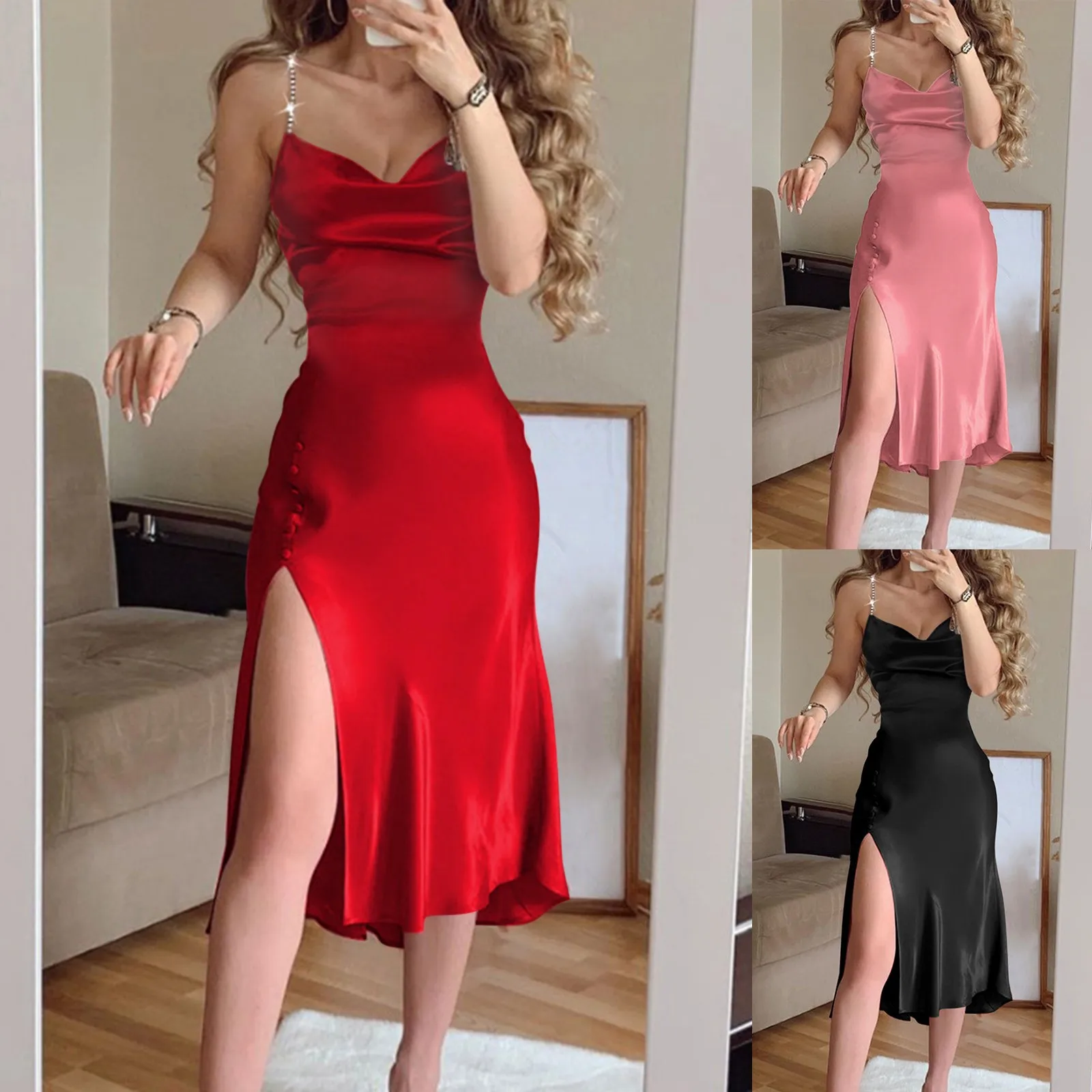 Vestidos máximos de satén estilo A-line con tirantes spaghetti Óxido