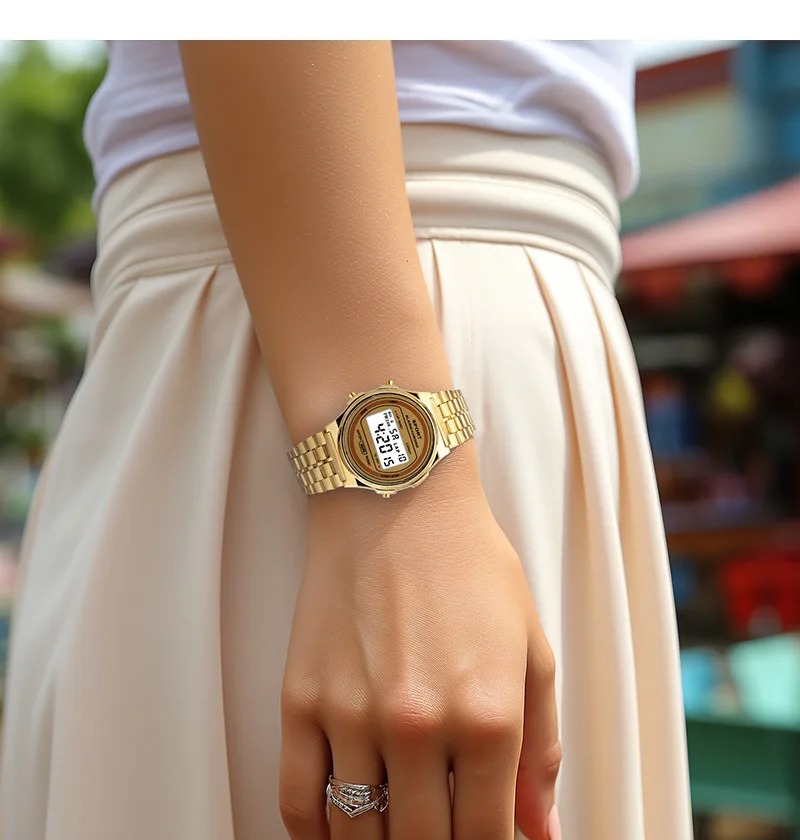 YIKAZE Retro Steel Strap Watch Women's Digital Watch Luxury Round Dial Business Clock Multifunction Sports Electronic Wristwatch