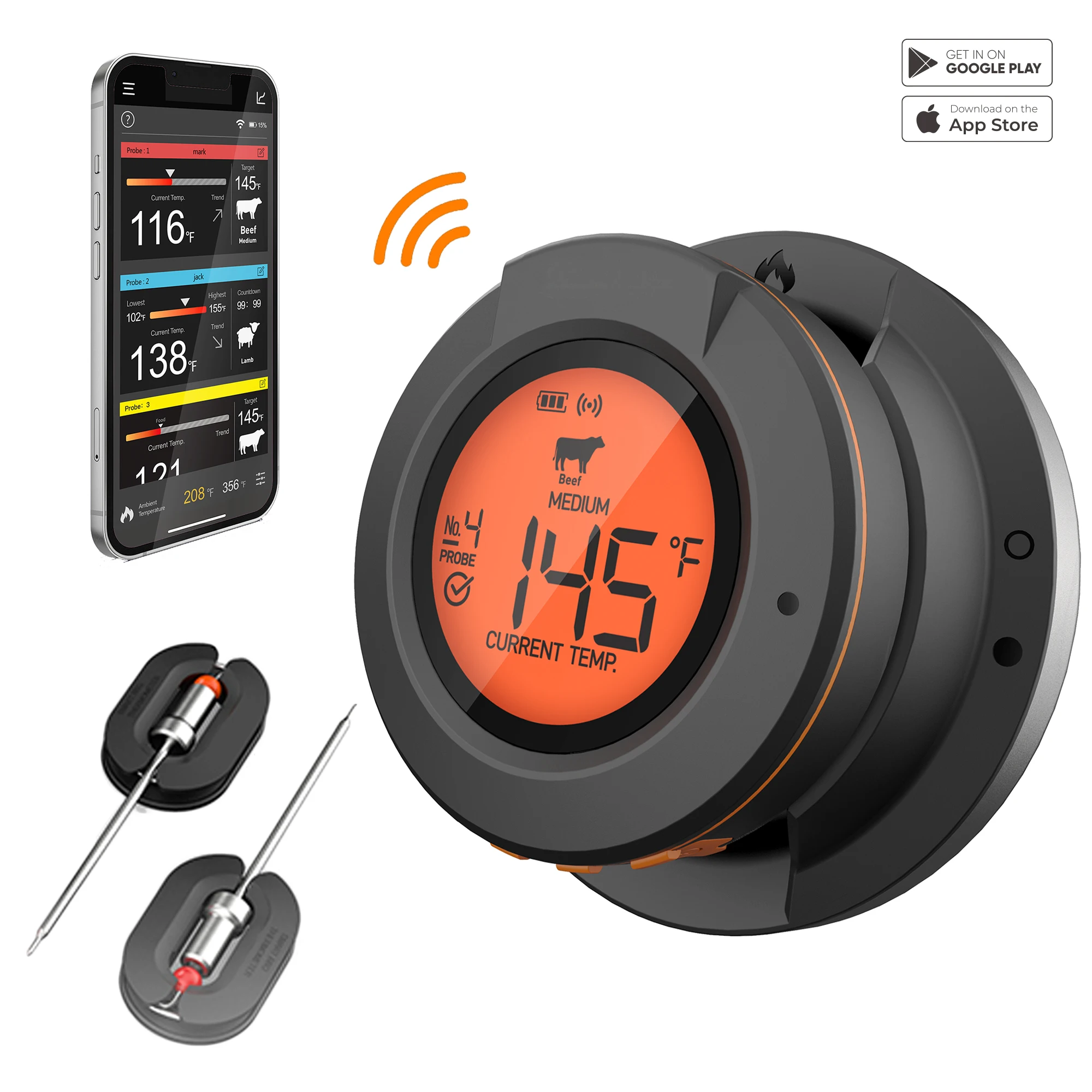 Food Cooking Bluetooth Wireless BBQ Remote Thermometer Probes Smart