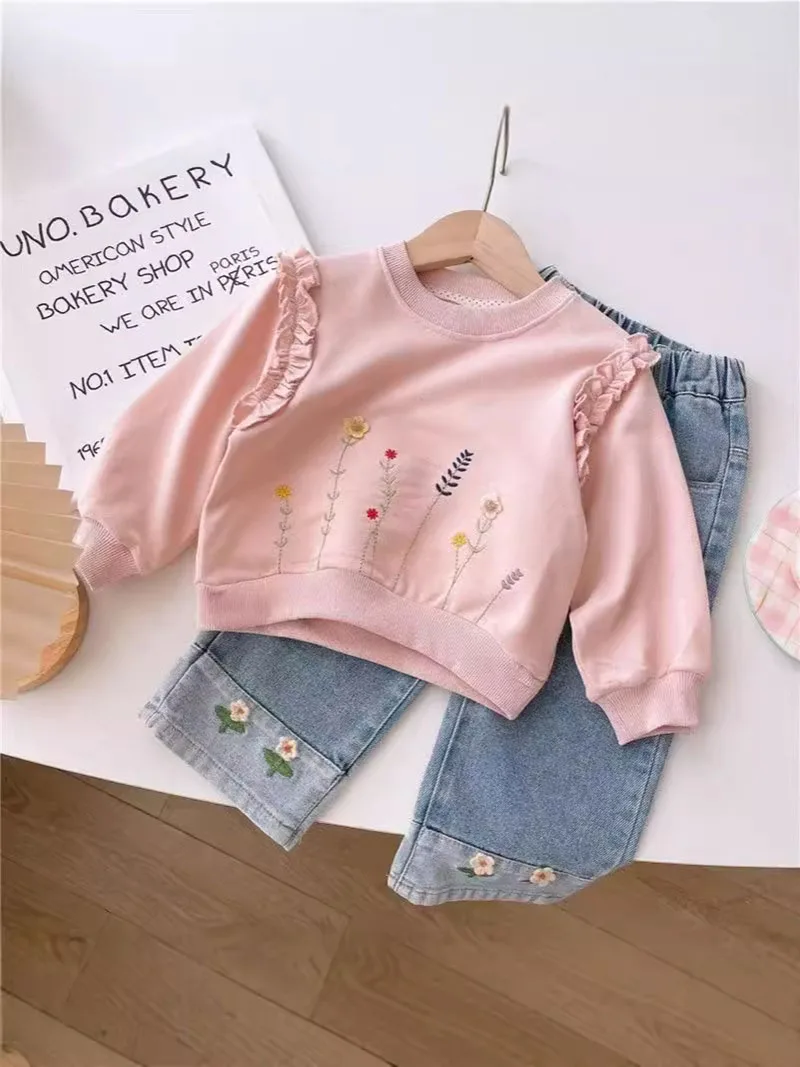 Girls Autumn Jeans Wide Leg Pants with Embroidered Flowers