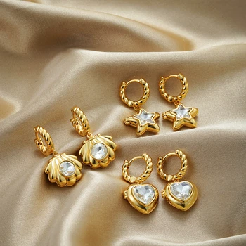 Vintage Star Shell Photo Frame Clamp Locket Hoop Earrings for Women Openable Album Crystal Heart Huggie Hoops Couples Gift