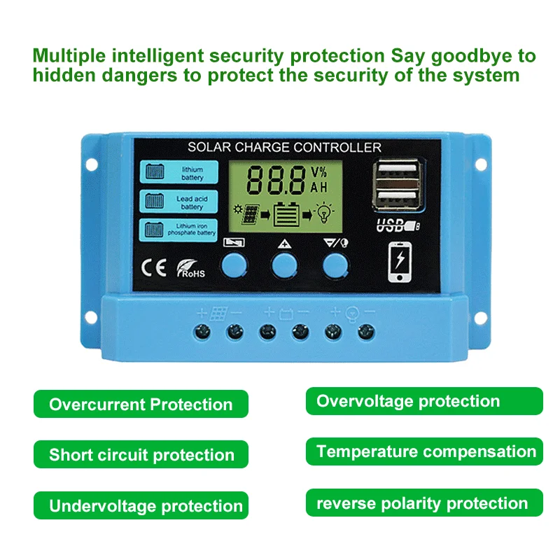 Solar Controller 10A to 60A Adaptive 12V 24V For Lithium Lead-Acid Battery Circuit Lighting PV Plate Charge/Discharge Controller