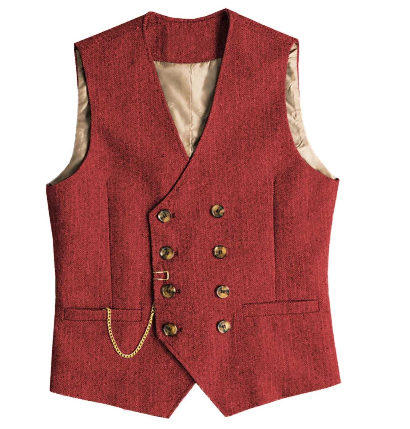 V Neck Men's Suit Vests Herringbone Wool Tweed Double Breasted Waistcoat Wedding
